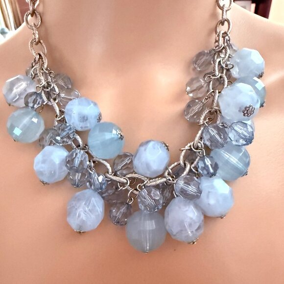 Icy Blue Bauble Statement Necklace Chunky Silver Chain Faceted Beads Y2K Glam - Picture 13 of 13